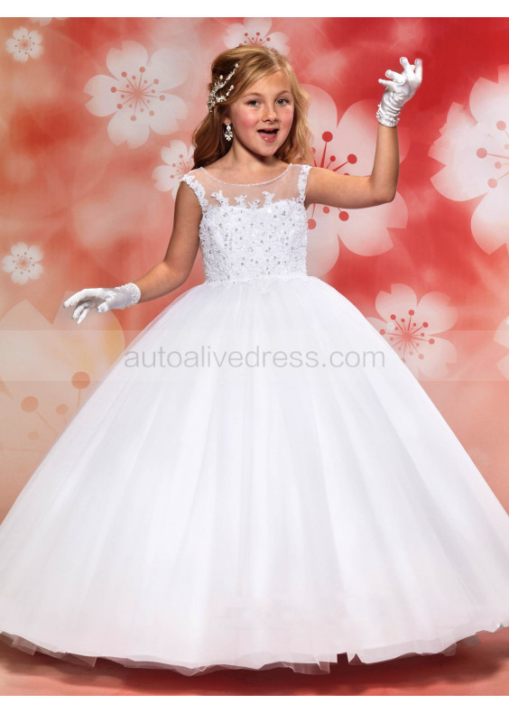 White Beaded Lace Tulle Floor Length Flower Girl Dress Ball Gown